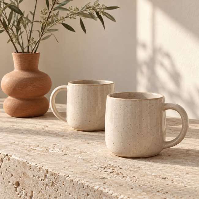 Oat ceramic mugs and a terracotta vase in natural light